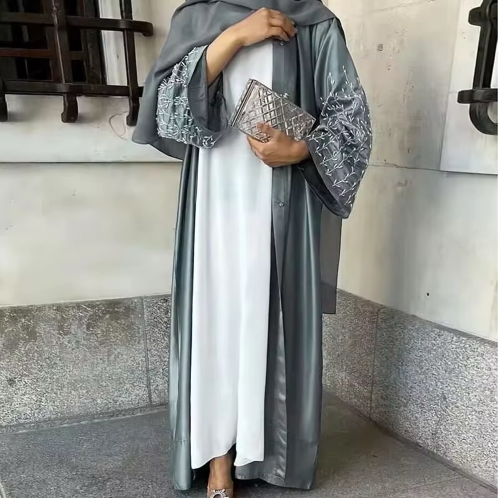Brand New Grey Luxury Dubai Open Abaya with Belt